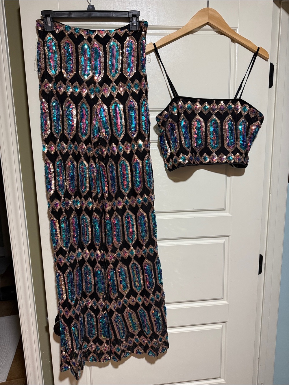 Fashion Nova fairytale Black Sequin Wide-Leg pant set with Teal & Pink Accents - Picture 2 of 7